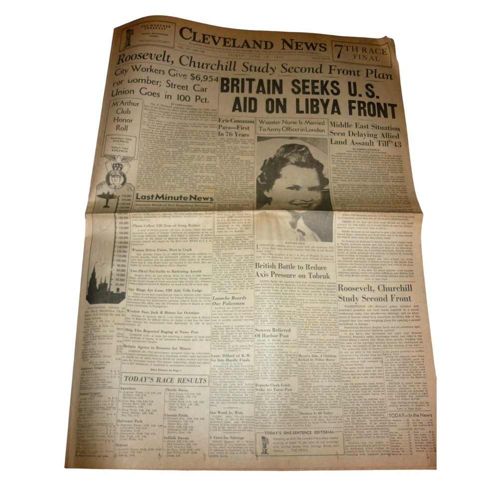 Vintage June 19 1942 Cleveland News Newspaper WWII Churchill FDR Second Front